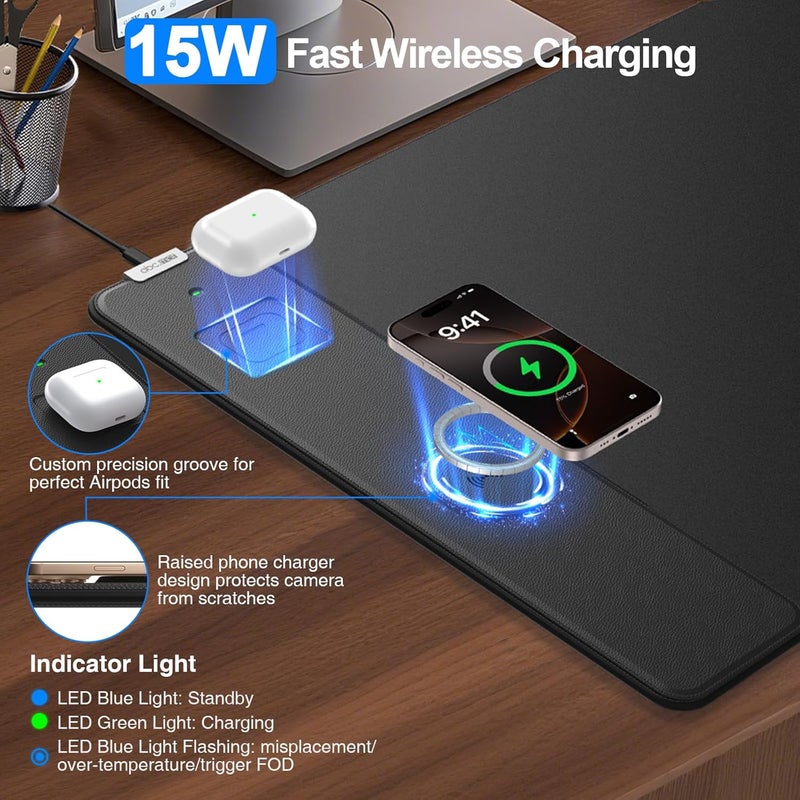 abc.mat Magnetic Wireless Charging Mouse Pad, 31.5"x15.8" Large Gaming Desk Mat for Keyboard/Laptop, Non-Slip Base & 20W PD Adapter, Waterproof Ultra-Smooth Surface Mousepad for Gamer, Office & Home, Black - Image 2